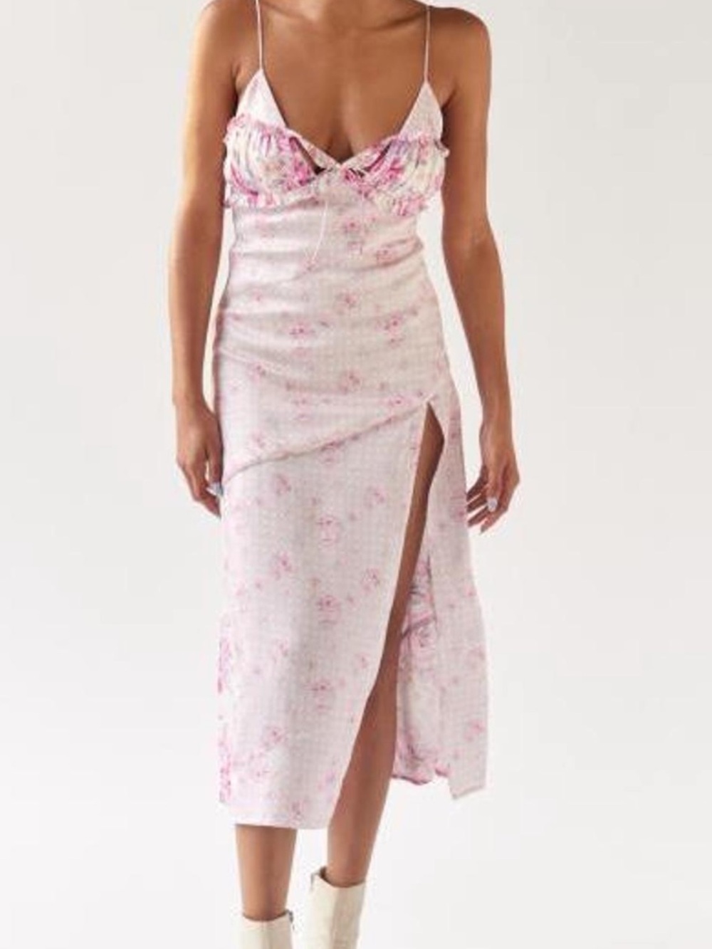 For Love & Lemons Pink Floral Slip Midi with Front Slit